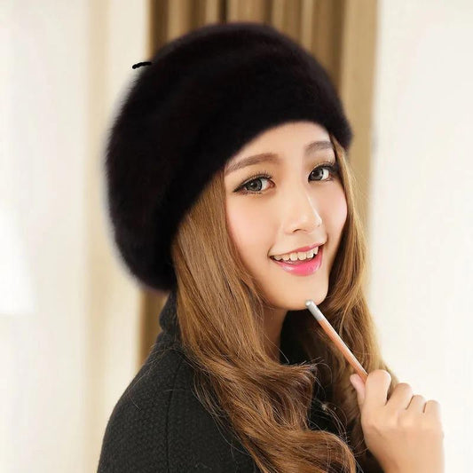 Winter Women's Rabbit Fur Beret Korean Version Warm Knitted Woolen Hat British Painter Hat