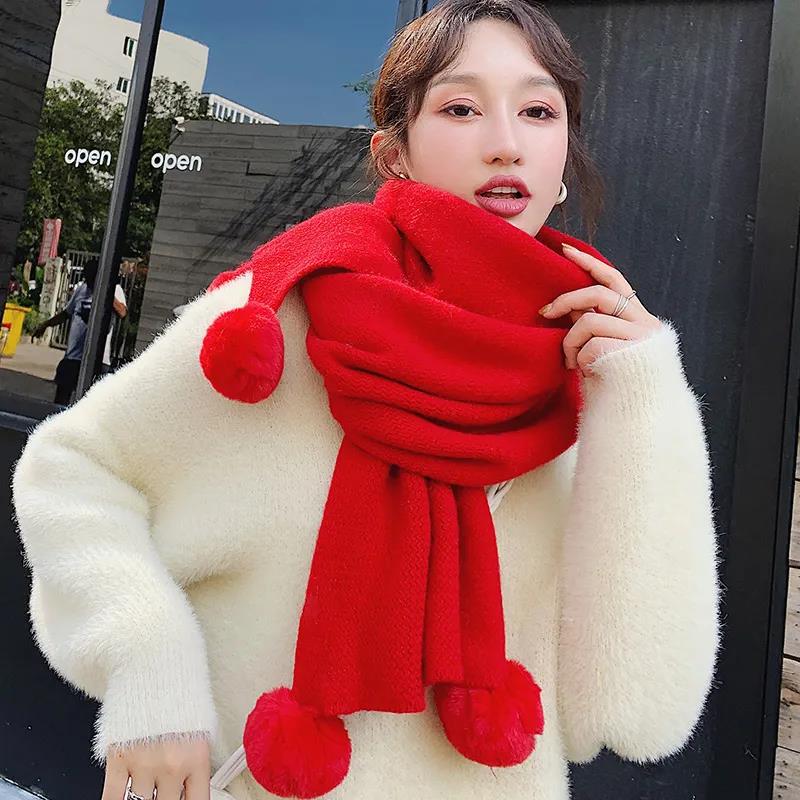 Winter Women's Warm Bib Pure Color Woolen Ball Knitted Scarf Lengthened Thick Woolen Scarf