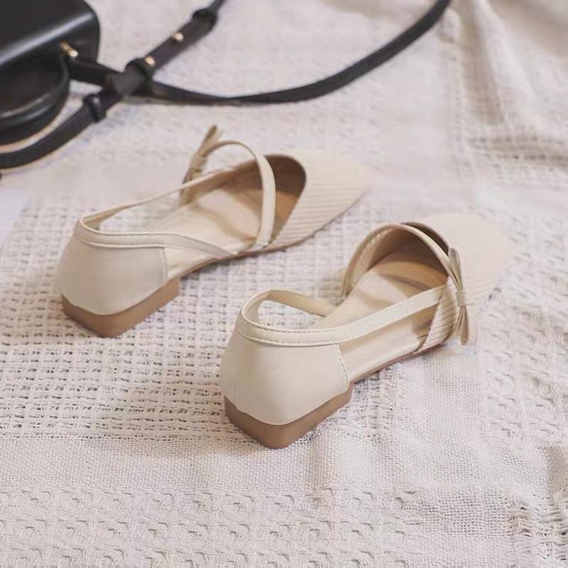 Bowknot Gentle Shallow Mouth Square Toe Soft Sole Comfortable Single Shoes Women's Soft Surface All-match Flat Toe Cap Sandals