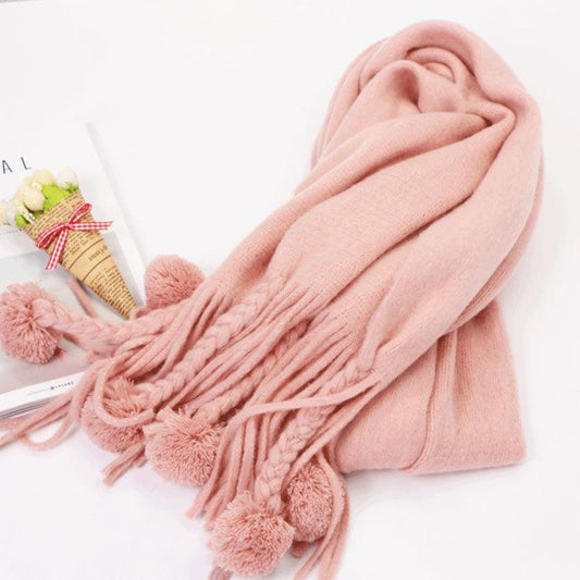 Women's Pashmina Shawls Winter Warm Wrap Cashmere Scarf Thick Fur Ball Tassel Scarf Women