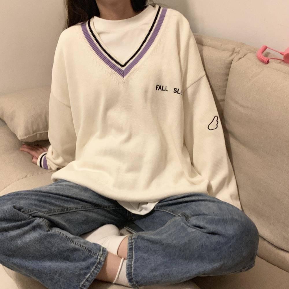 Pofulove Winter College Style V-neck Sweater Bottoming Sweater Female Korean Loose Long-sleeved Coat