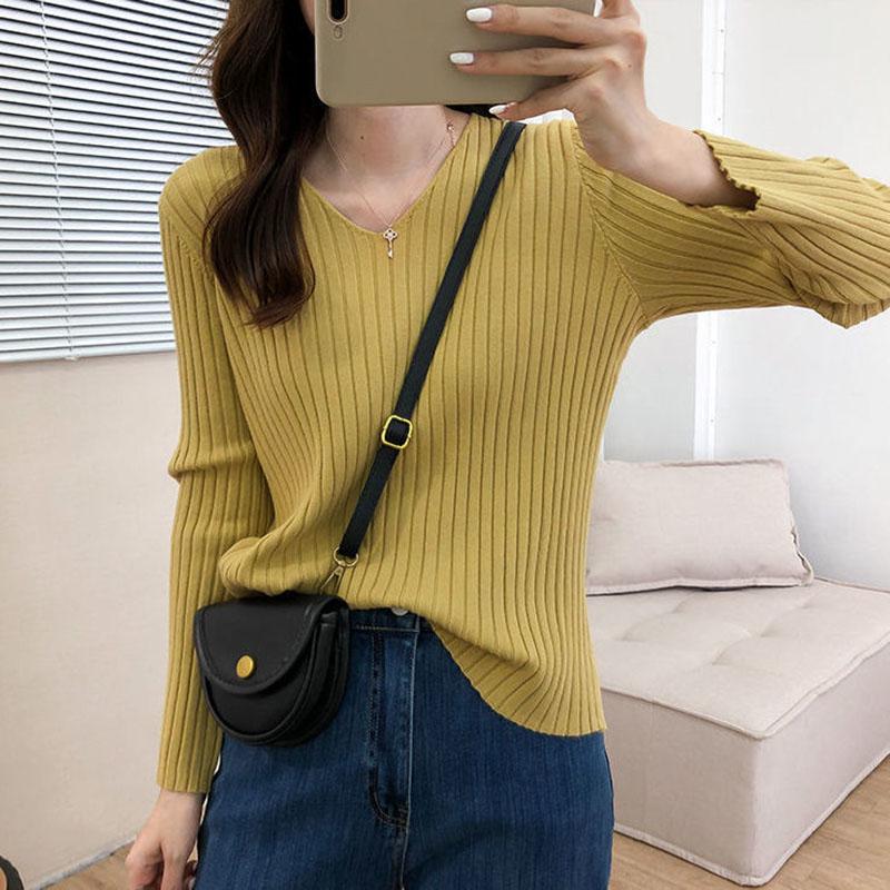 All-match V-neck Long-sleeved Sweater Women's Autumn and Winter Loose and Thin Sets of Student Base Sweater