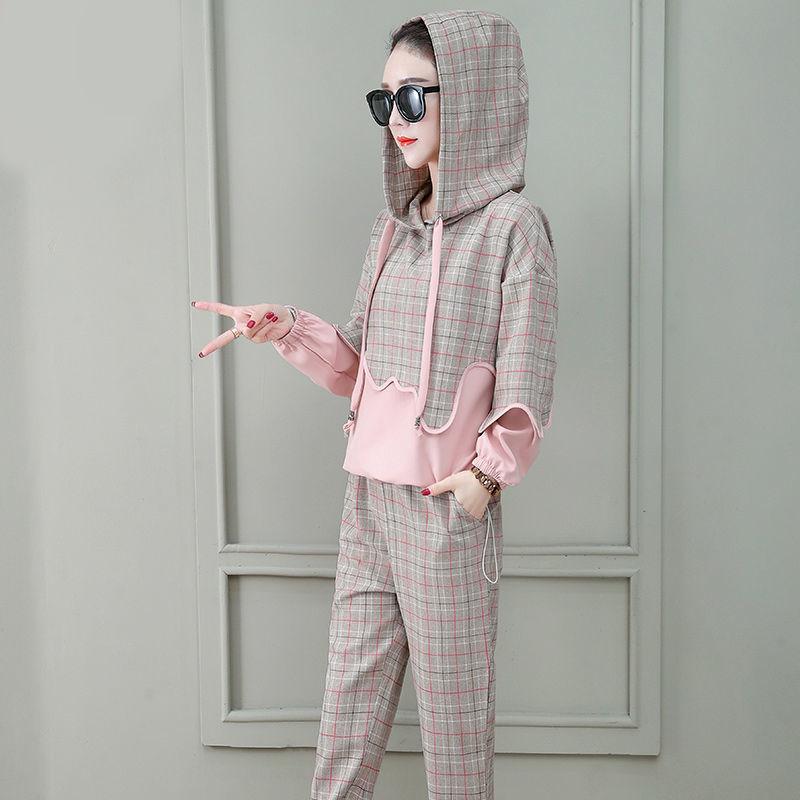 2pcs/set Women Sweatshirt Set Drawstring Plaid Sweatshirt Hoodies+Pants 2 Piece Set Women's Sports Suit Female Sportwear Hoodies Suit