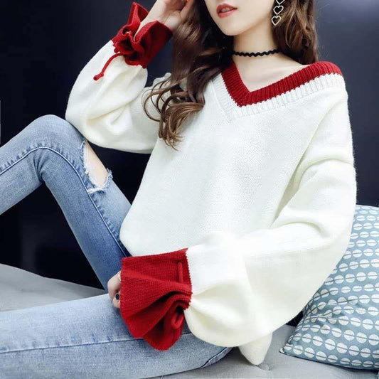 Solid Color Long-sleeved Large Size Warm Cashmere Sweater V-neck Sweater Female Autumn and Winter