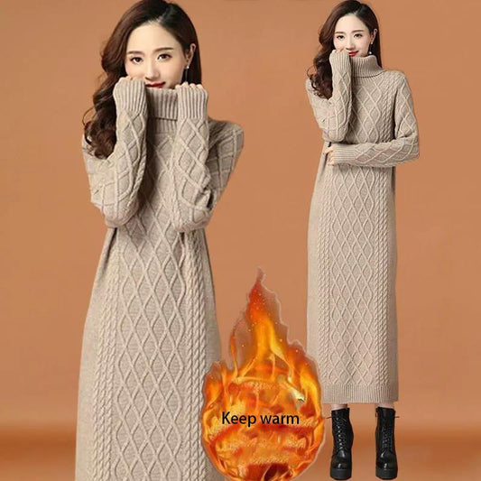 High Neck Pullover Long Outer Wear Sweater Skirt Over The Knee To Keep Warm Slim and Slim Matching Coat Knitted Dress Female Temperament Sweater Skirt