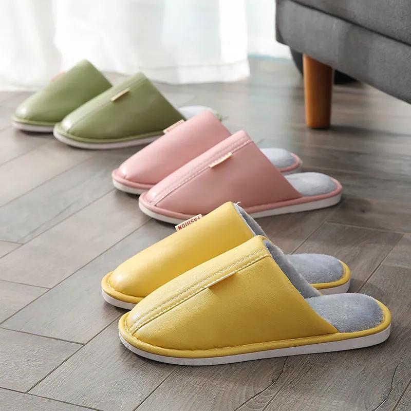 Women Winter Slippers Leather Waterproof Thick Warm Slipper Home Indoor Non Slip Mens Slides Plus Size