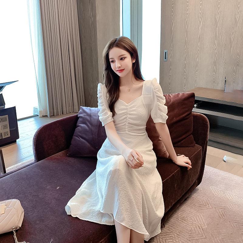 Female Simple Slim Puff Sleeve Dress Chiffon Shows Thin V-neck Soft Elegant Medium Length Party Dress