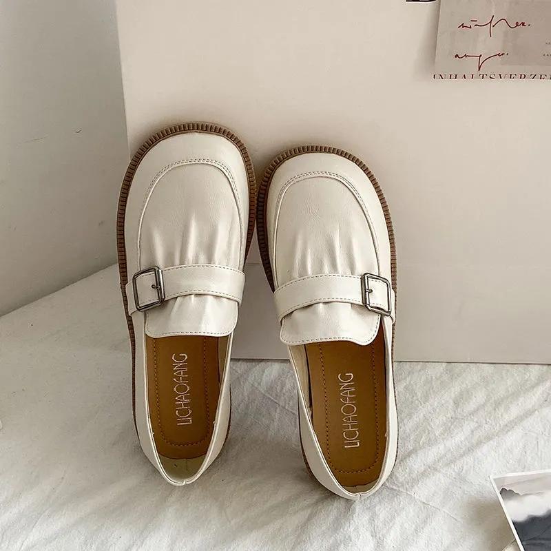 Female Retro British Style Black Leather Shoes Girls Spring Autumn Summer Flat Slip-on Single Shoes Casual Mother Home Shoes