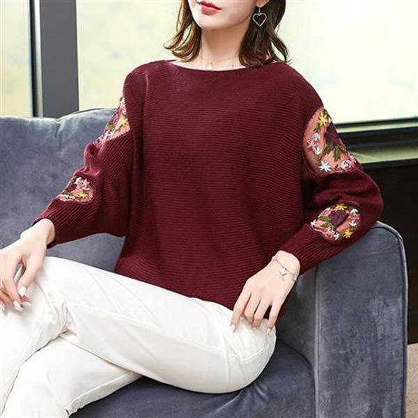 Sweater Women Loose Outer Wear Bat Sleeves Large Size Lace Casual Tops Spring and Autumn Printing Bottoming Shirt