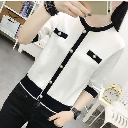 Autumn and Winter Short Knitted Sweater Loose Thin Pullover Bottoming Shirt Long Sleeve Pocket Women's Top