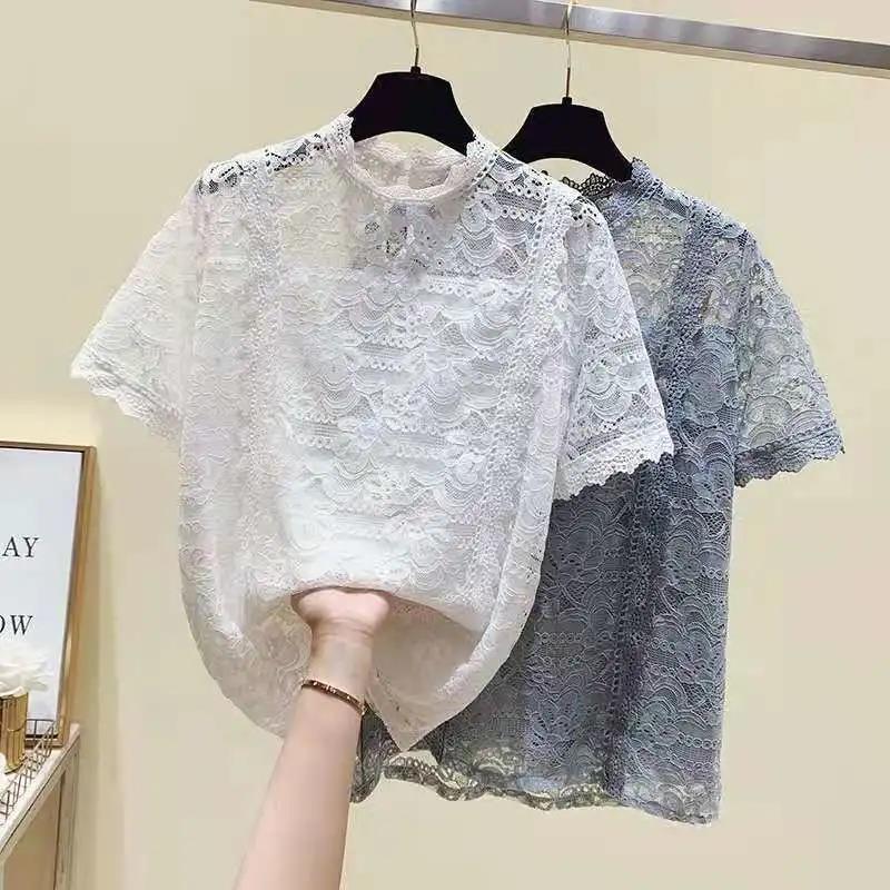 Women Summer Tops Vintage Short Sleeve Lace Tops Loose Elegant Slim Hollow Out Double Layer Anti Penetration Tops