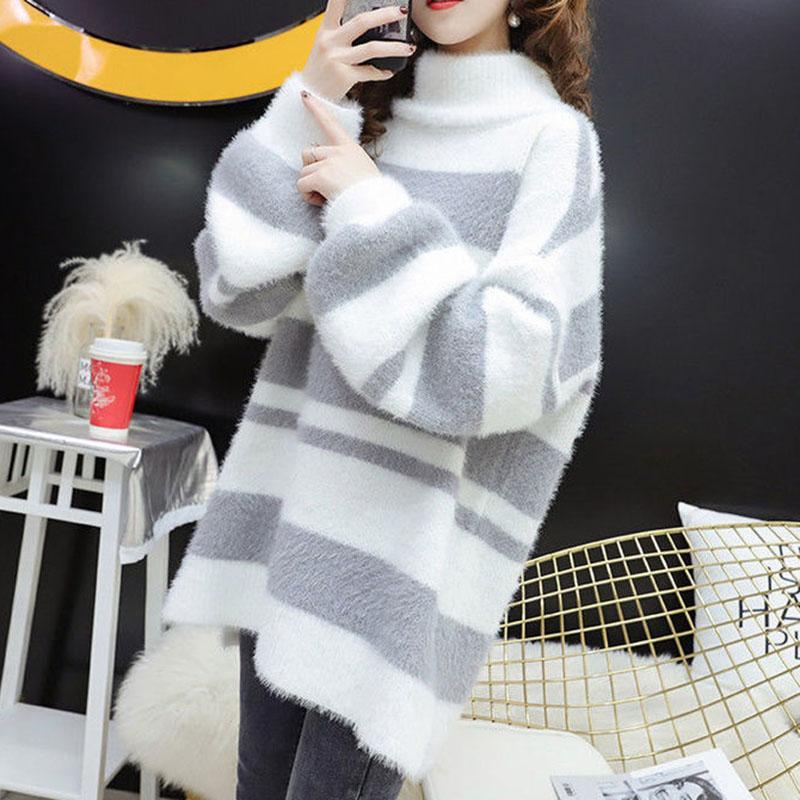 Autumn and Winter Mohair Loose Sweater High Neck Pullover Casual Top Thick Striped Women's Sweater