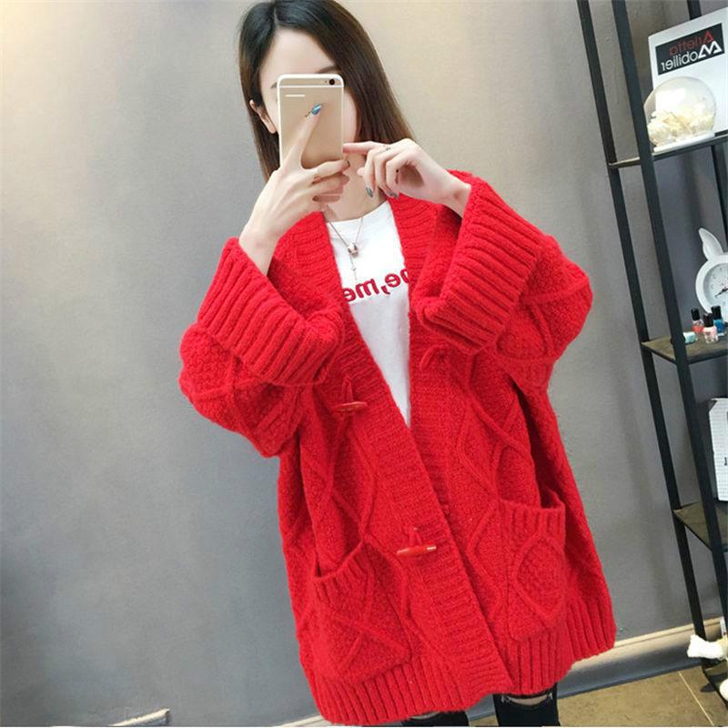 Knit Cardigan Sweater Plus Size Horn Buckle Sweater Autumn and Winter Coat Women Shirt Sweater Loose