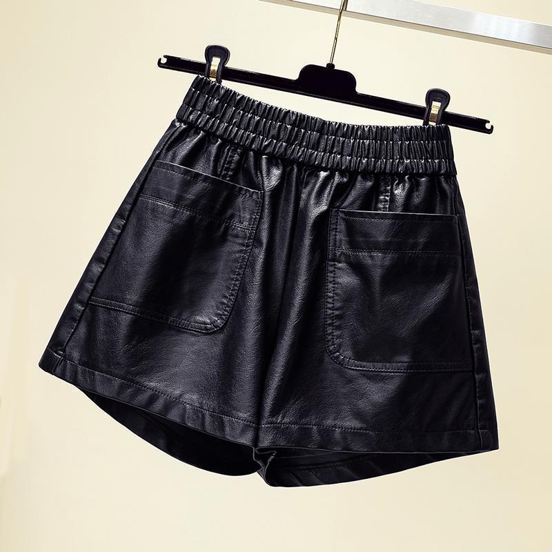 WTEMPO Black High Waist Leather Short Pants Women Thin Elastic Waist Pockets Decor PU Leather Shorts