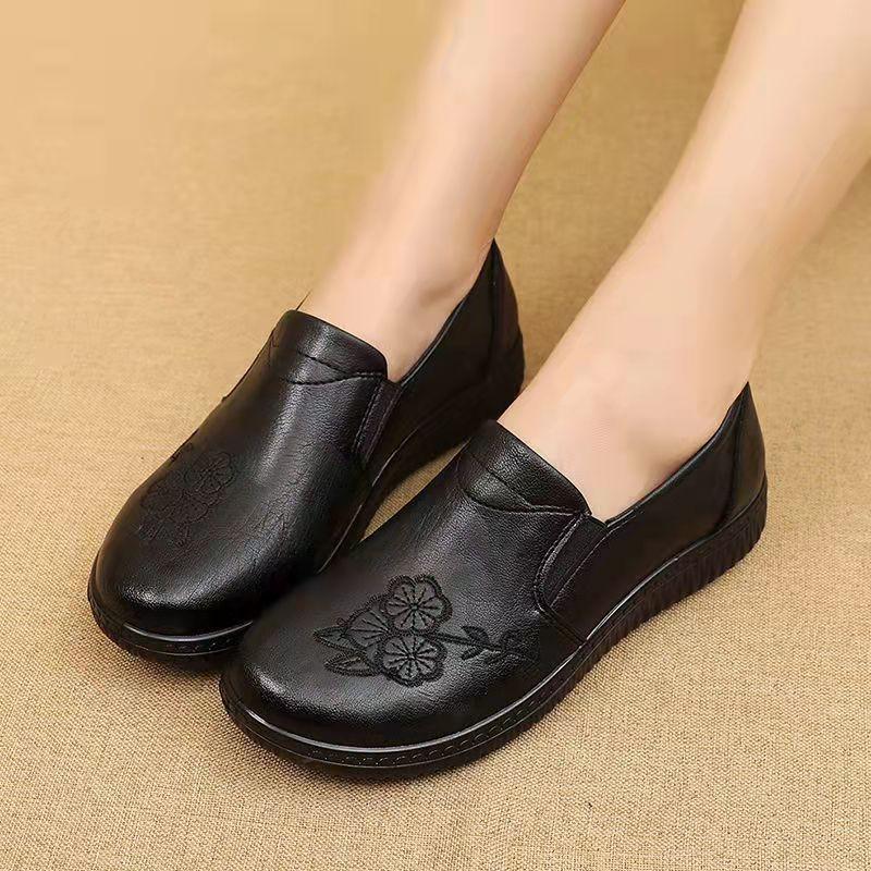 Middle-aged and Elderly Mother Shoes Spring and Autumn Flat Bottom Non-slip Leather Shoes Soft Bottom Comfortable Single Shoes Casual Leather Shoes