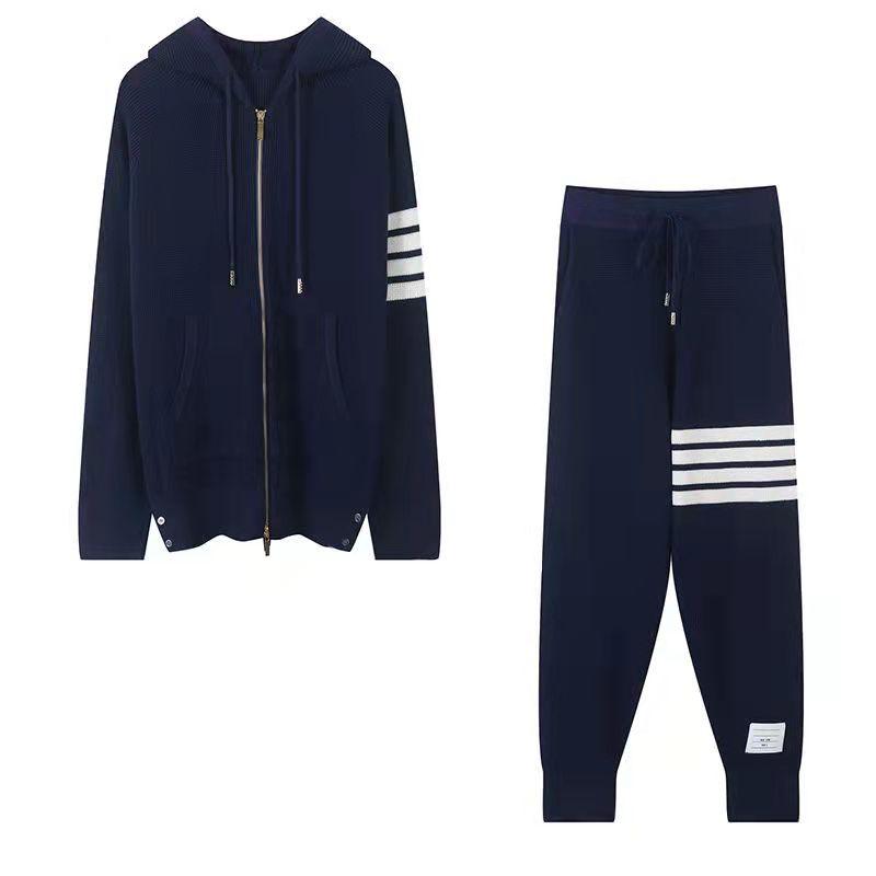 2PCS Four-bar Waffle Casual Sweater Zipper Jacket Loose Straight-leg Pants Two-piece Men's and Women's Same Sports Suit Cardigans for Women