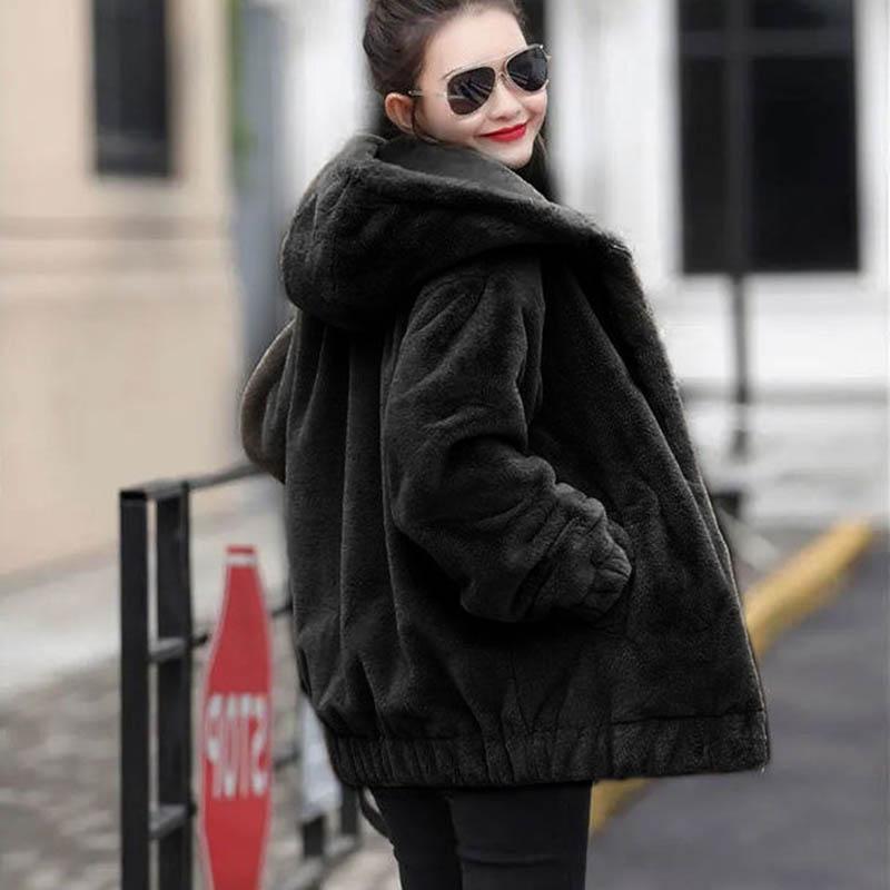 Plus Velvet Padded Faux Rabbit Fur Hooded Mid-length Loose Long-sleeved Jacket Women