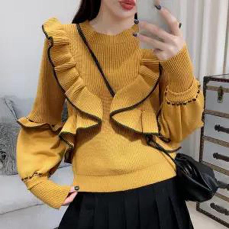 Autumn  Winter Sweater Women's Knit Sweater Round Neck Pullover Fashion Ruffled Wild Long-sleeved Bottoming Shirt