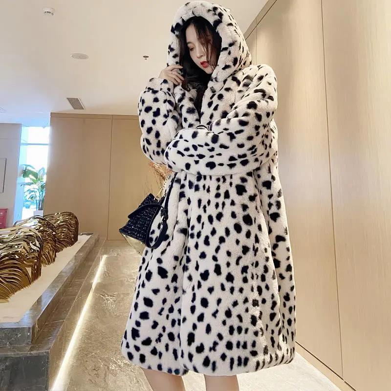 Faux Fur Jacket Winter Ladies Fashion Leopard Print Hooded Thick Warm Mid-length Fur Coat