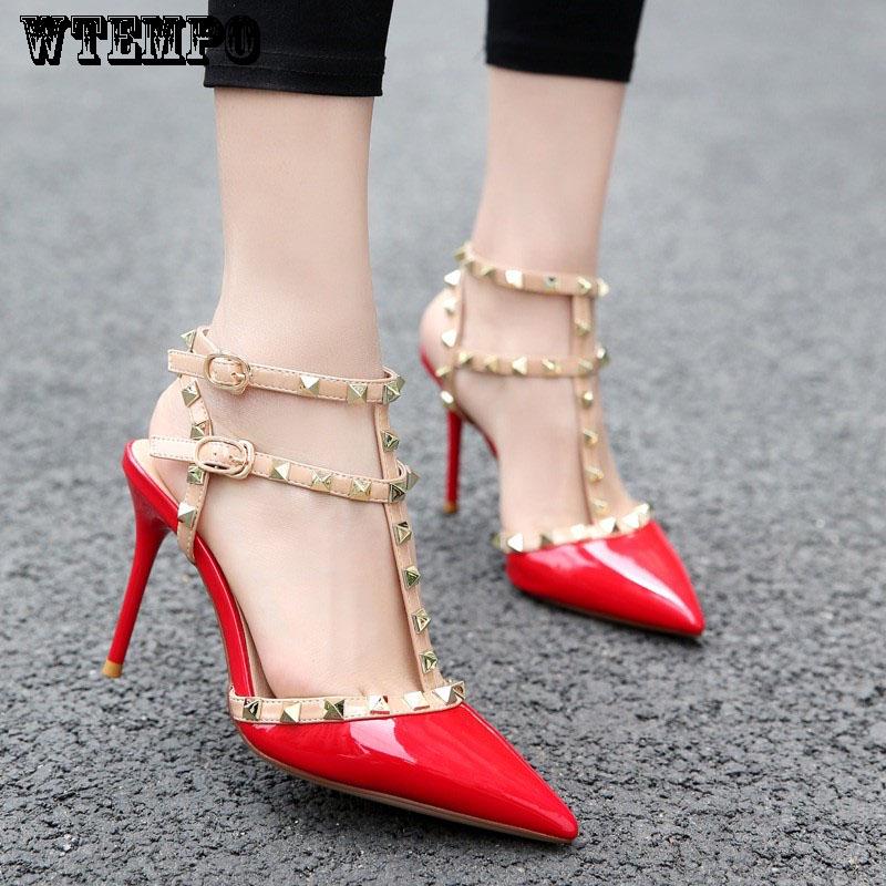 Women's Fine Heels Rivets Pointed Shoes Sexy Summer Shallow Mouth Fashion Lace Sandals