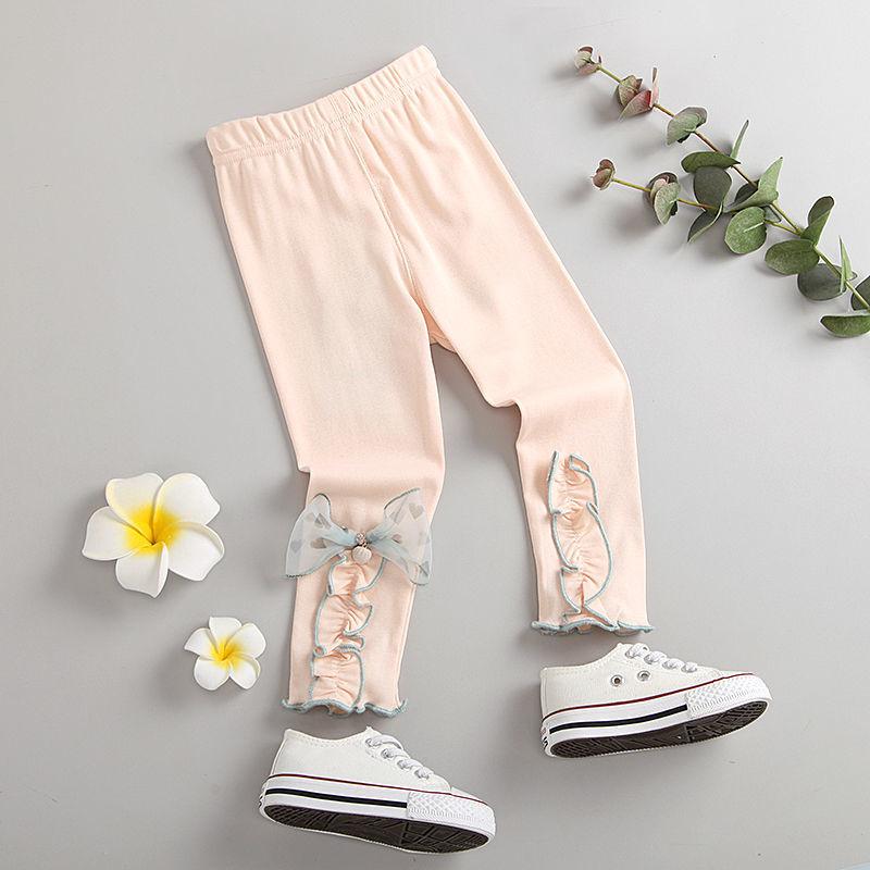 Girls' Leggings Children's Spring and Autumn Thin Bow Korean Cropped Trousers Stretch Pants Baby Outer Wear and Inner Wear