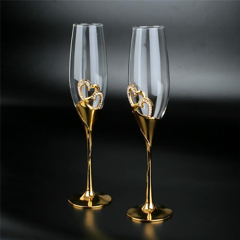 2Pcs/Set Wedding Crystal Champagne Glasses Gold Metal Stand Flutes Wine Glasses Goblet Party Lovers Valentine's Day Gifts 200ml