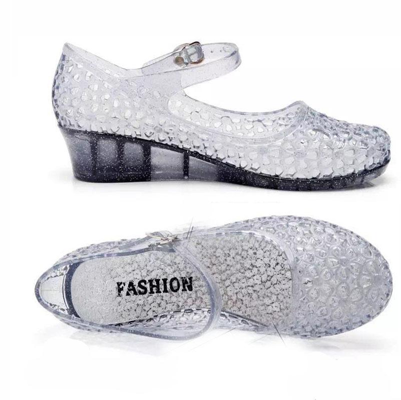 Crystal Sandals Women's Summer Transparent Beach Shoes Mid-heel Wedge with A Word Buckle Hollow Non-slip Hole Shoes