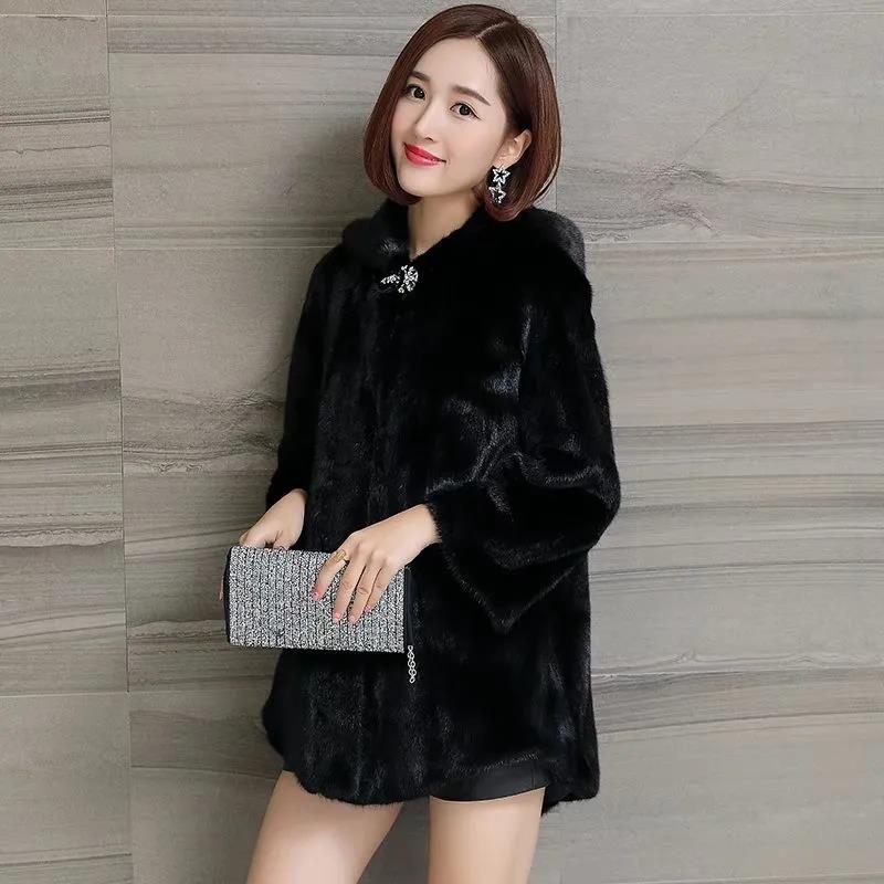 Faux Mink Coat Women's Mid-length Autumn and Winter Thickening Large Size Imitation Mink Fleece Hooded Fur Coat Women Are Thin