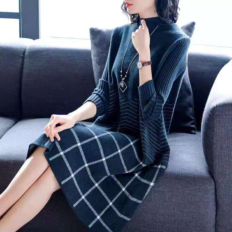 Autumn and Winter High-end Loose Dress Mid-length Knitted Over-the-knee Base Skirt Fashion Simple Women's Sweater Dress