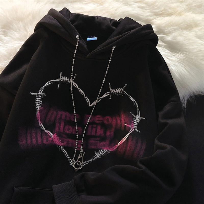 Sweatshirt Women Punk Gothic Chain Heart Printed Pullover Hoodies Oversized Streetwear Hip Hop White Tracksuit Women Top Clothes