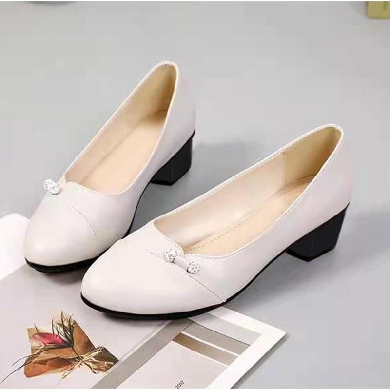 Single Shoes Thick Heel Soft Leather Mother Shoes Round Toe All-match Non-slip Comfortable Work 4cm Medium Heel Women's Leather Shoes