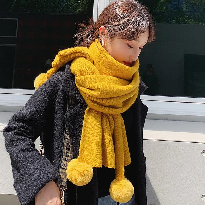 Winter Women's Warm Bib Pure Color Woolen Ball Knitted Scarf Lengthened Thick Woolen Scarf