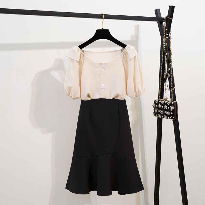 Women O-neck Chiffon T-shirt+Sexy A Word Bag Hip Skirt 2pcs Office Lady T-shirt Skirt Suit