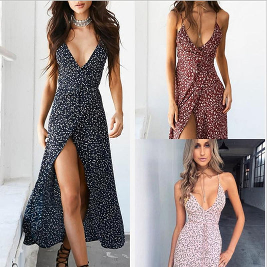 Ladies Spring and Summer Dresses Sleeveless Skirt Floral Sling Deep V-neck Slit Slim Sexy Mid-length Dress