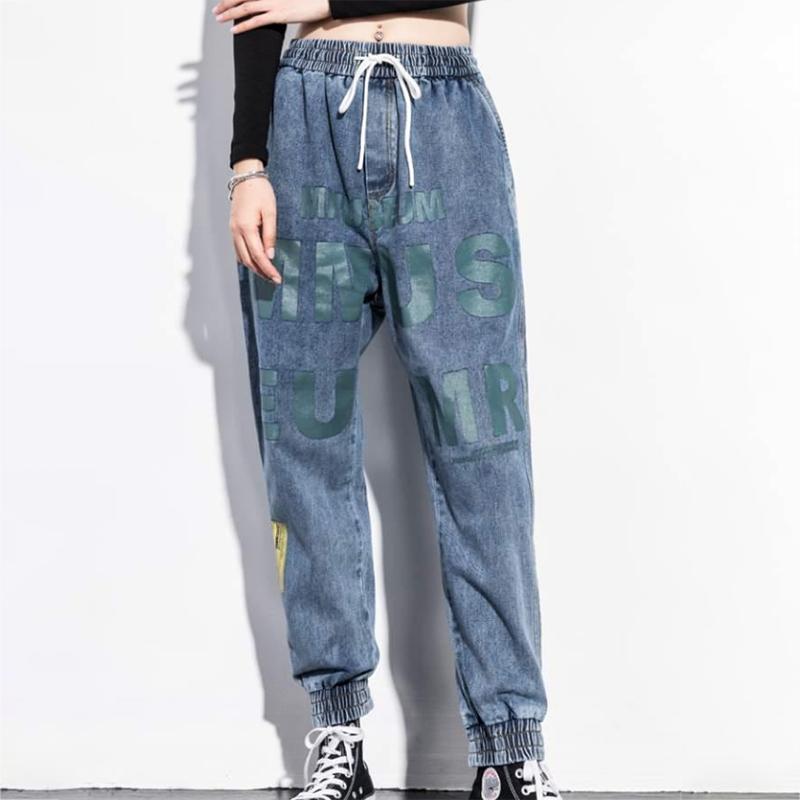 WTEMPO Blue Jeans Women's Elastic Waist Loose Casual Washed Denim High Waist Pants