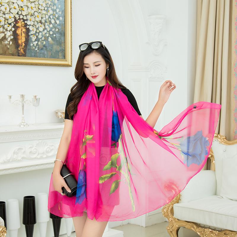 Chiffon Silk Scarfs Women Fashion Long Soft Scarves Print Flowers Summer Beach Shawls and Hijabs