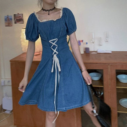 Female Denim Elegant Holiday Dress Lace Up Square Neck Bubble Sleeve Graceful Vintage Party Short Dress