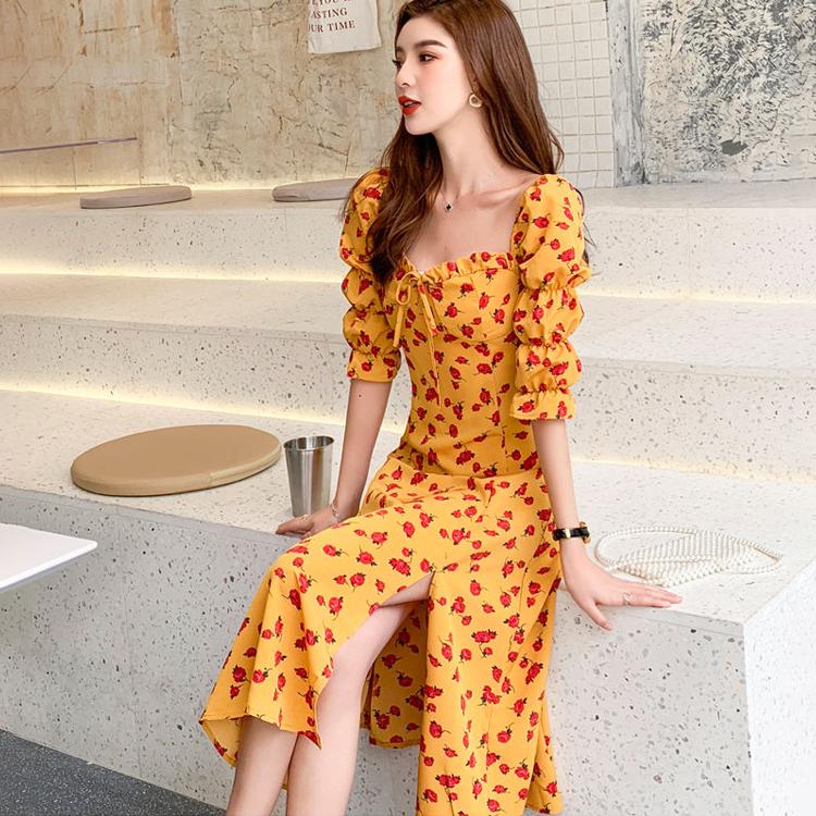 2020 Strawberry Print Cute Long Dress Spring Summer Women Streetwear Slim Split Dress Chiffon Dress