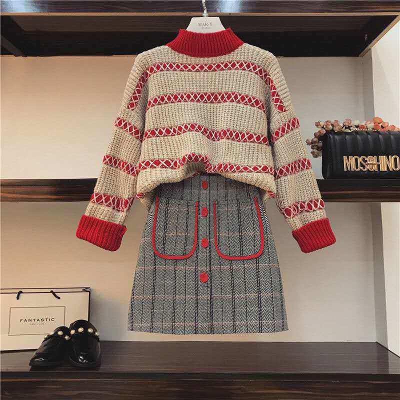 Large Size Warm Sweater 2pcs Set Cashmere Turtleneck Sweater Female Autumn and Winter Long-sleeved