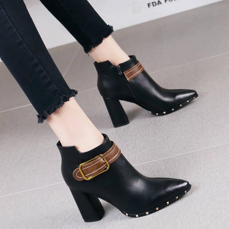 Fashion Ankle Boots Women Square High Heels Slip On Pointed Toe Flock Leather Ladies Warm Shoes