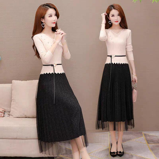 Knitted Women's Dress Fashion Korean Style Wild Mid-length Mesh Stitching Base Skirt