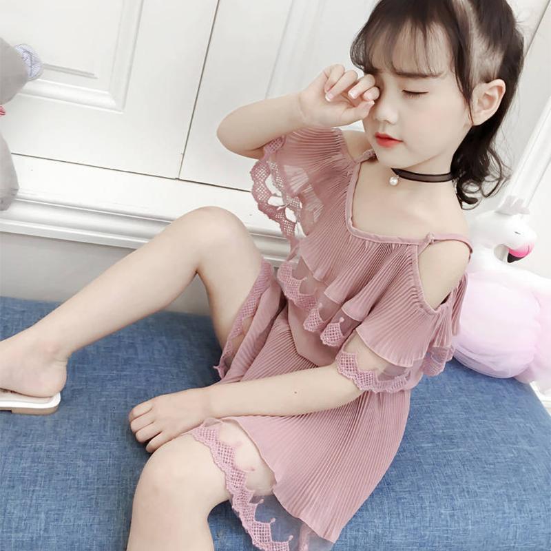 Girls' Summer Shorts Suit Korean Style Summer Children's Suspender One Shoulder Chiffon Two Piece Set Pleated Mesh Solid Color Two-piece Suit