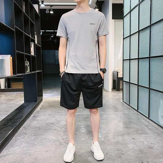 Ice Silk Suit Men's Summer Loose Large Size Casual Sports Suit Men's Short-sleeved T-shirt Five-point Pants Suit Men's