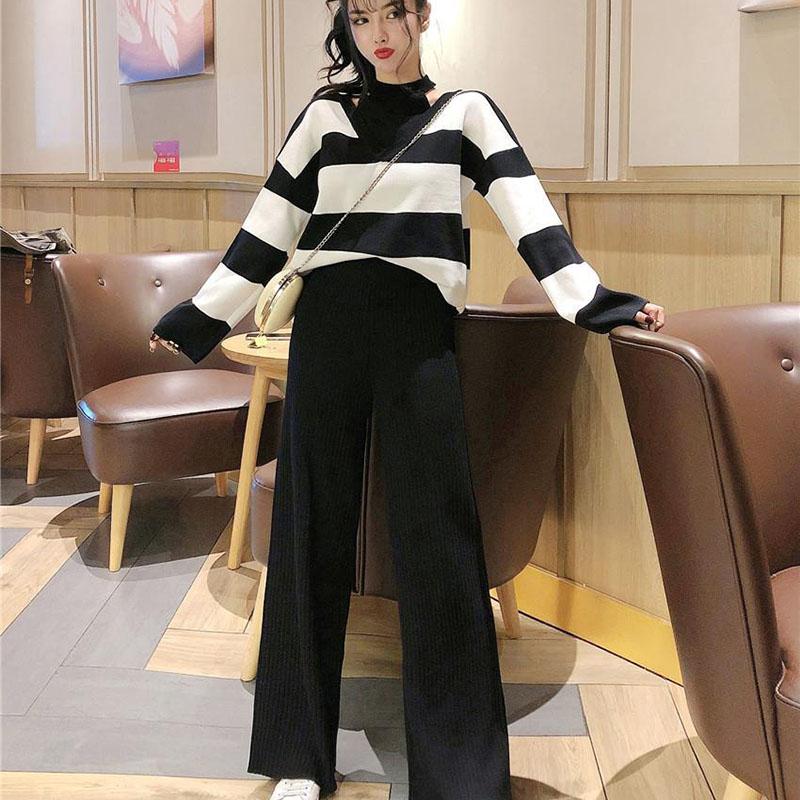 2pcs/set  Women Winter Tracksuit 2 Piece Pant Suits Knitted Striped Sweater Top and Pants 2 Piece Set Outwear Outfits