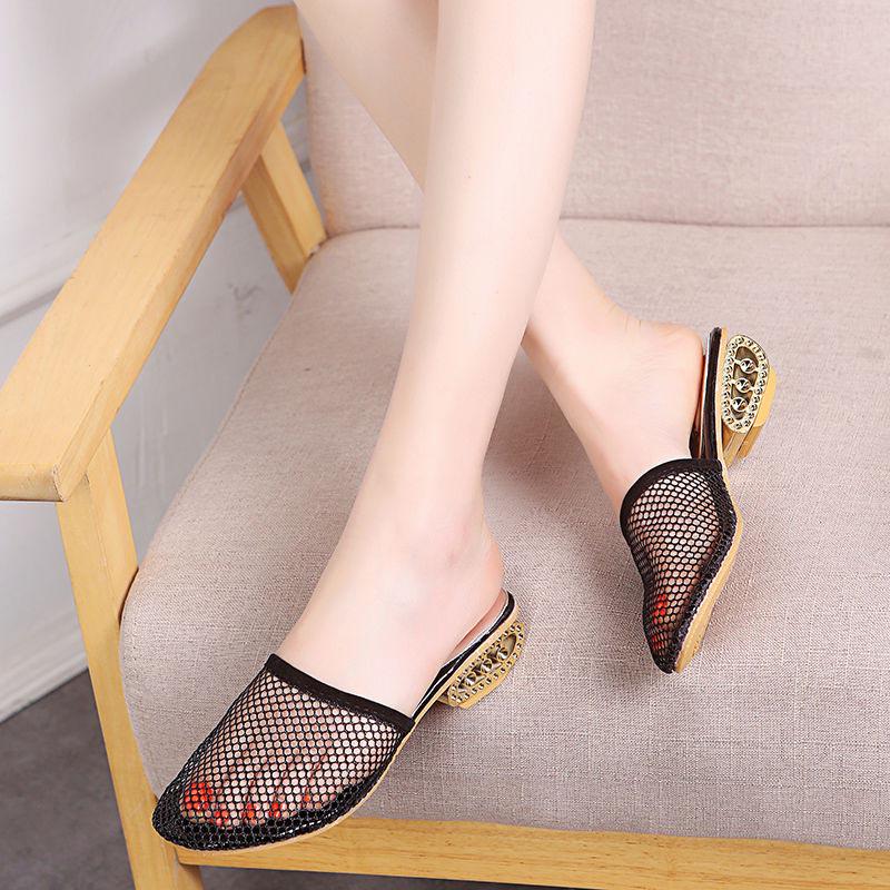 Size 35-42 Women All-match Shiny Slippers Outdoor Diamond High Heels Bohemian Beach Wear-resistant Non-slip Office Lady Lace Mesh Sandals