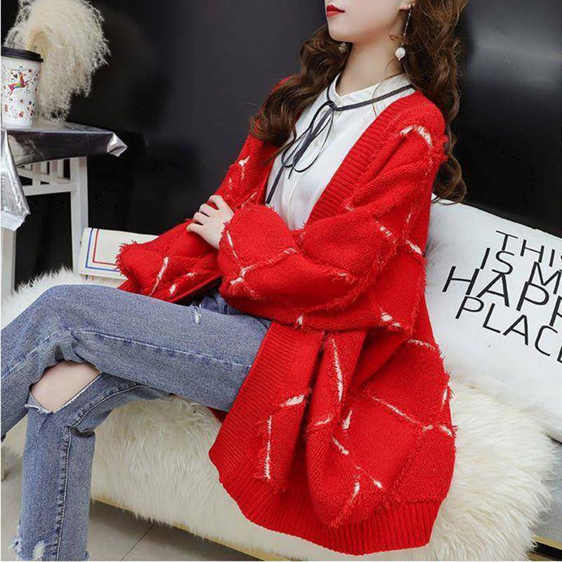 Sweater Jacket Women's Mid-length Loose Knit Cardigan Lazy Style Long-sleeved V-neck Warmth Thick Women's Sweater Jacket