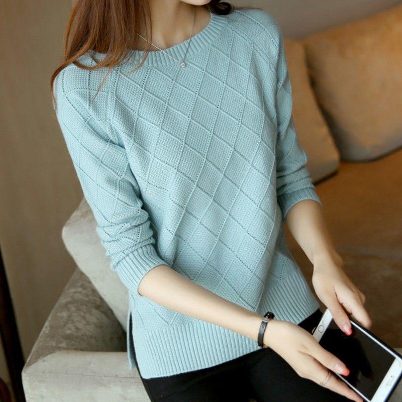 Round Neck Sweater Large Size Solid Color Sweater Spring and Autumn Sweater Female Long Sleeve