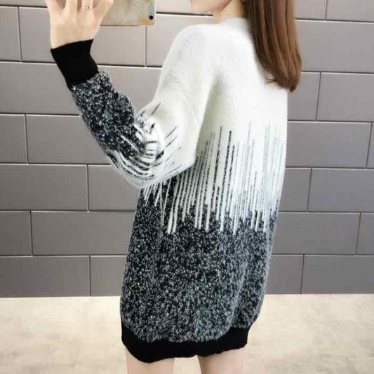 Women's Mohair Sweaters Thick Pullover Knitwear Gradient Color Round Neck Fuzzy Sweater