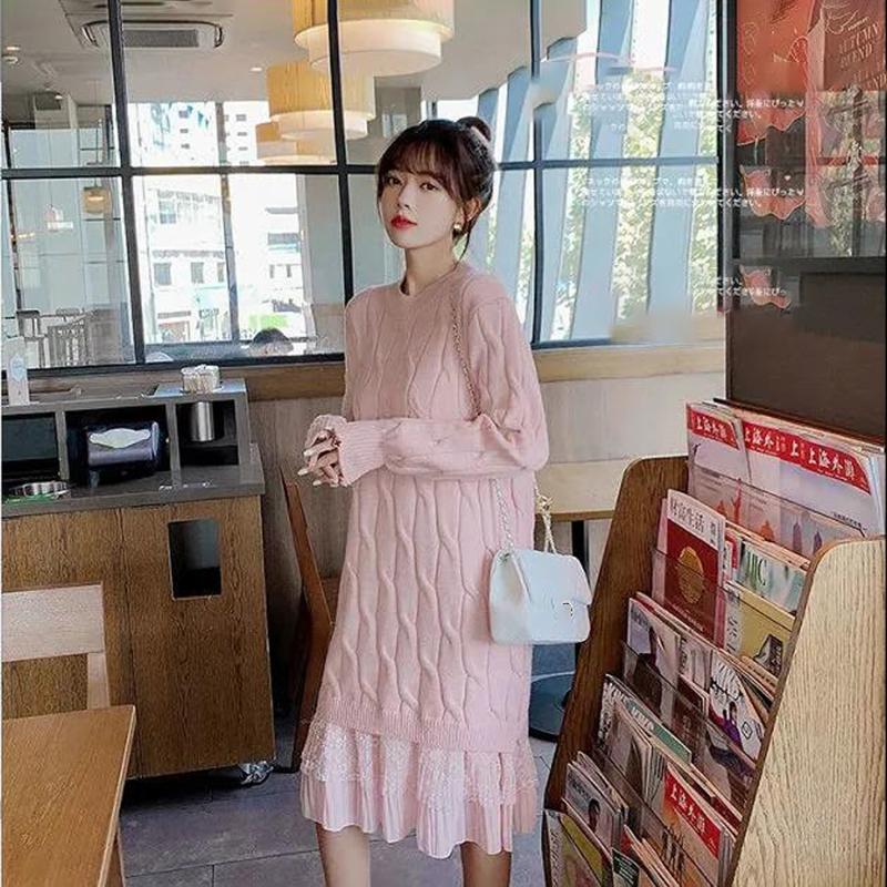 Sweater Dress Female Over-the-knee Base Skirt Mid-length Round Neck Pullover Long-sleeved Warm Sweater Lace Loose Sweet Wind