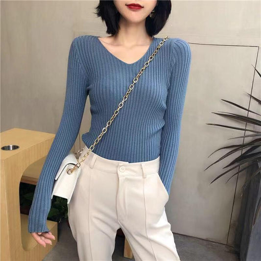 Sweater Women's Autumn and Winter V-neck Tight-fitting Thin Inner Base Shirt Avocado Green Knit Sweater Top Slim Slimming